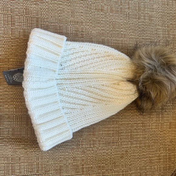 Vincent Camuto Cream Knitted Winter Hat with Pom-Pom and Ribbed Brim - Picture 3 of 3